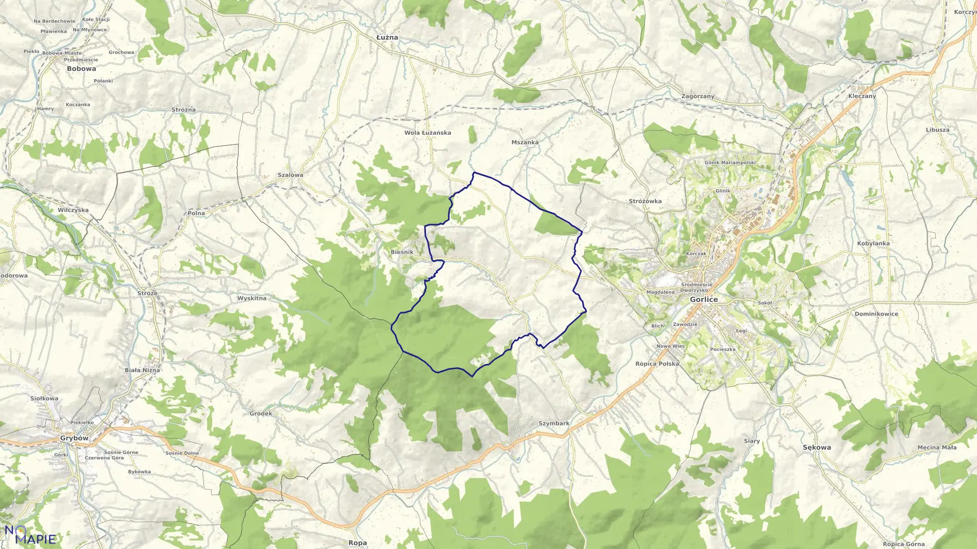 Mapa obrębu Bystra w gminie Gorlice